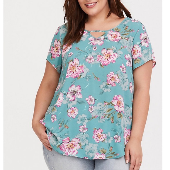 Torrid Green Floral Keyhole Georgette Blouse Top - Picture 1 of 8